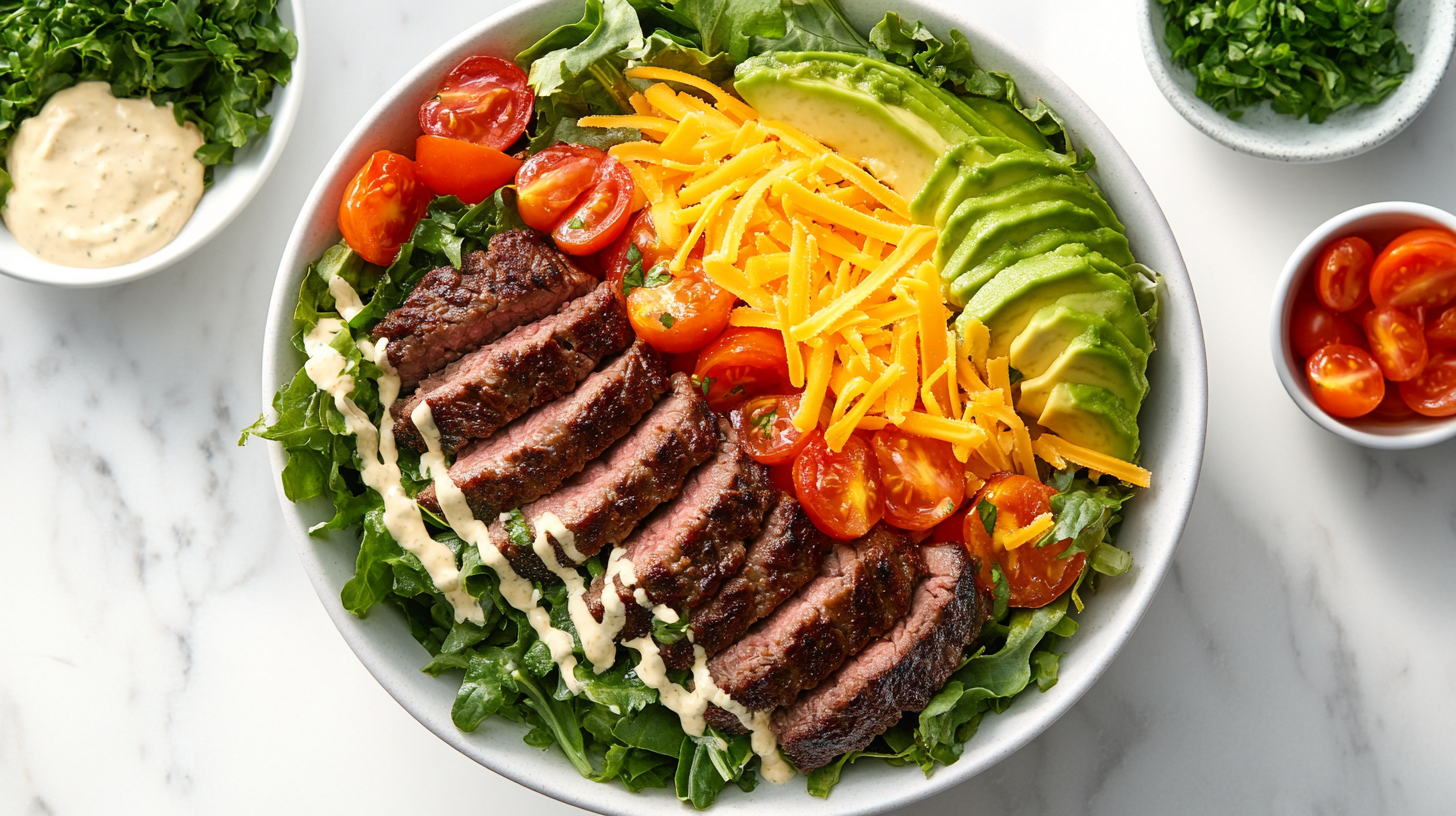 Burger bowl featuring greens, grilled beef, tomatoes, avocado, and ranch dressing on a white marble surface