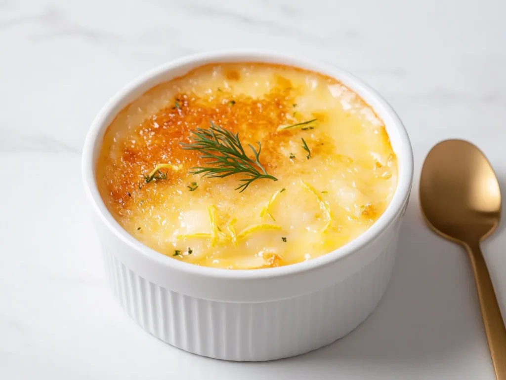 Elegant Crab Brulee in a white ramekin with caramelized crust, dill garnish, and lemon zest curls.